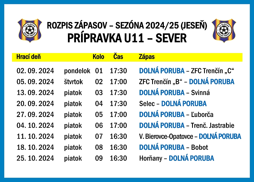 Rozpis TJ Slovan U11 (jeseň 2024)